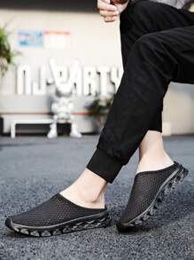 Men's Black And Gray Breathable Mesh Slip-On Casual Slippers, Thick Non-Slip Sole Comfortable Sports Sandals, Fashionable Knit Material Footwear, Suitable For All Seasons