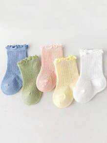 5 Pairs Infant Plain Color Lace Ruffle Short Socks, Suitable For All Seasons