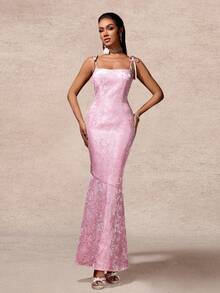提花无袖鱼尾长裙、派对礼服、长袍、正式礼服、晚礼服、婚礼宾客礼服 - 粉色 - 查看 10