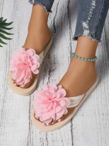 Teenage Thick Sole Round Toe Flower Decor Flip Flops, Printed Anti-Slip Beach Sandals, Fashionable Resort Style