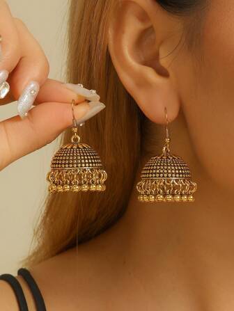1 Pair Vintage Jhumka Earrings With Intricate Palace Pattern & Tassel Design, Suitable For Women To Wear Daily, Festival, Wedding And Party