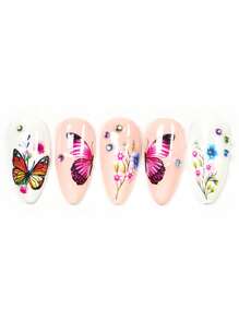2 Pcs/Set Rose, Butterfly & Floral Nail Art Stickers, Disposable Self-Adhesive Nail Decals For Women & Girls DIY Nail Decoration, Spring/Summer