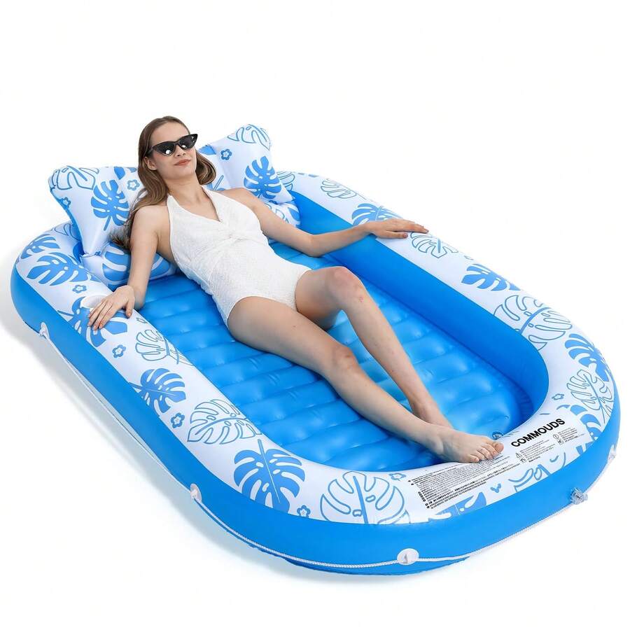 COMMOUDS Inflatable Tanning Pool Lounger Float With Cervical Pillow – Sunbathing Pool Float For Adults, Backyard Relaxation, And Pool Party – Durable Inflatable Lounge Raft For Water Fun. - Sky blue - View 1