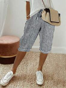 女士时尚夏季条纹印花抽绳口袋休闲短裤 - 藏蓝色 - 查看 1