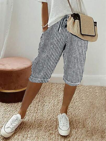 女士时尚夏季条纹印花抽绳口袋休闲短裤