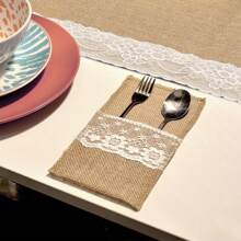 10pcs European Style Linen Lace Cutlery Holders, Handmade Craft DIY For Weddings, Celebrations, Parties