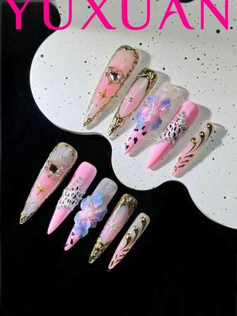 10 件手工美甲套装，高级定制超长细高跟粉色指甲，手工热带花卉，金色魔镜粉色造型设计，合金心形配饰，甜美性感可爱可重复使用，免费赠送摩擦条和果冻胶，DIY 美甲产品，适合女士和女孩派对、生日礼物等。按压式美甲用品