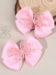 2pcs Sweet Butterfly Hair Bow Clips For Toddlers Girls ,Lace Butterfly Decor Hair Bows ,Exquisite Faux Pearls Decor Hair Pins ,Alligator Clips ,Kids Teens Hair Accessories ,Suitable Daily Life ,Vacation (Beige /Pink ) - Multicolor - View 3