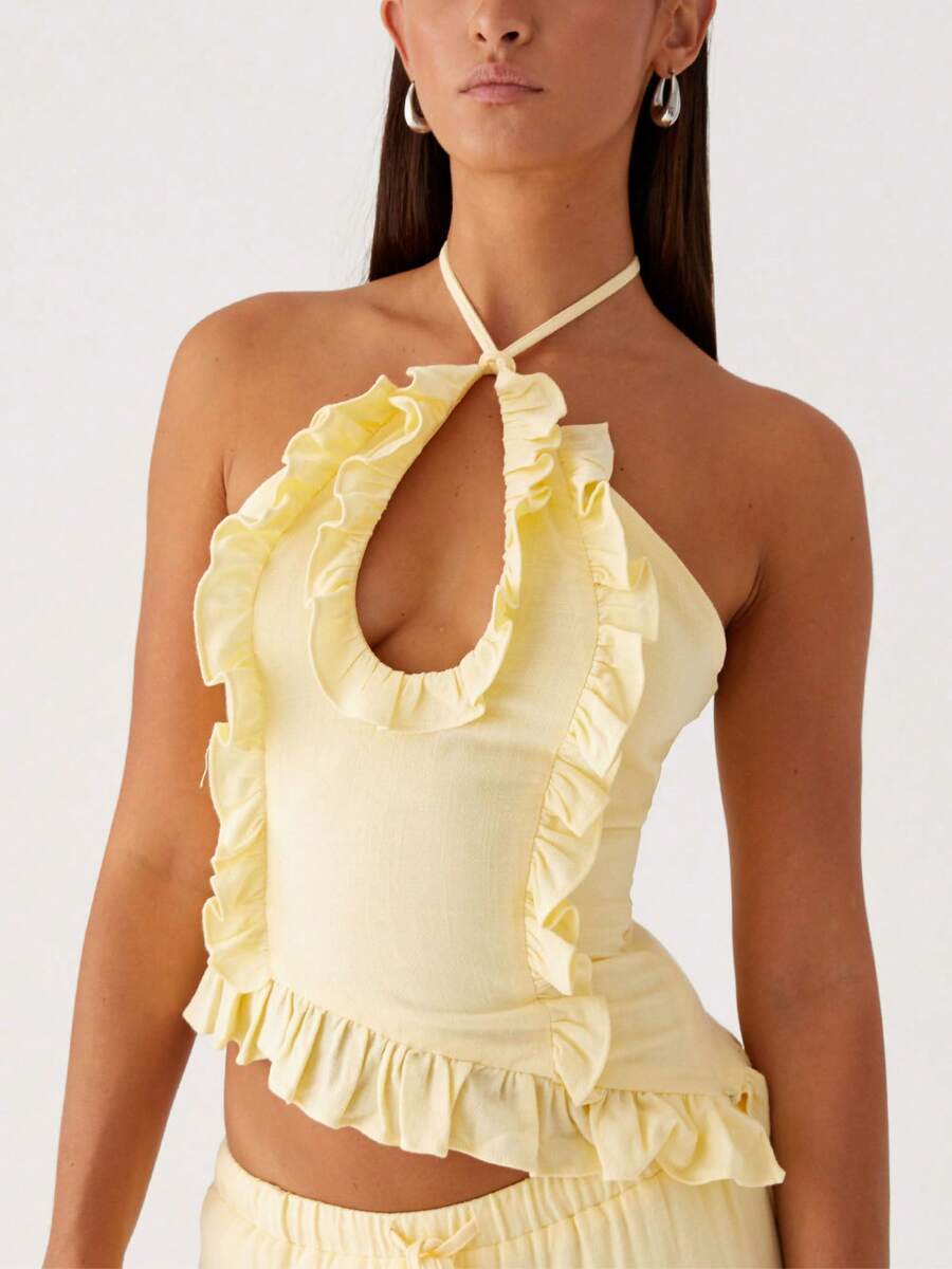 Women Y2K Ruffled Halter Top, Tie-Up Sleeveless Crop Tops Backless CamiSole Summer Cami Tops For Club Party Streetwear Aesthetic Tops - Màu vàng - Xem 1