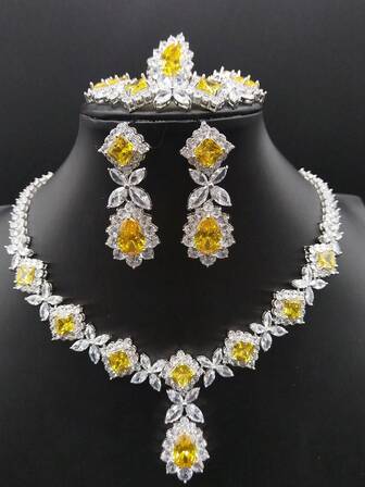 1 Set Of 5pcs Luxury Teardrop Zirconia Necklace, Earrings, Bracelet, Ring Jewelry Set, Bridal Evening Wedding Engagement Party Dress Floral Decor Accessories Gift For Women