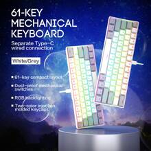 Clavier filaire compact à 61 touches, 60% de taille, rétroéclairage RVB, clavier mécanique petit et portable pour le bureau, l'ordinateur, la tablette, l'ordinateur portable, le joueur, blanc et gris