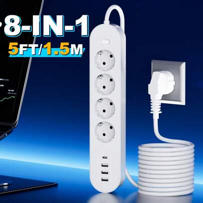 Regleta de 8 en 1 con enchufe europeo, 4 tomas de CA, 3 puertos USB, 1 puerto tipo C, carga para múltiples dispositivos, protección contra sobretensión y sobrecarga, montable en pared, con opciones de cable de 5 ft/10 ft, apta para hogar, oficina y viajes