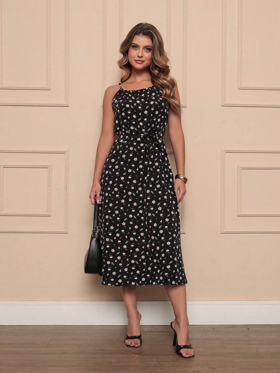 Women's Long Strap Dress | Crepe With Elastec L Flower I Off The Shoulder. - 黑色 - 查看 1