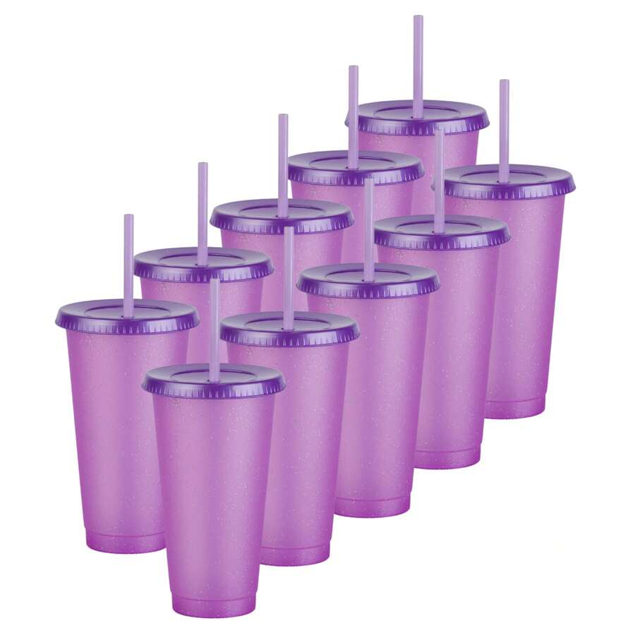 Paquete 10 Vasos Reusables Con Popote Para Bebidas Frías 24 Oz