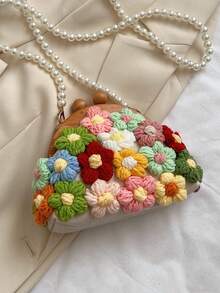 Cute Crochet Floral Pearl Chain Strap Fashion Seashell Mini Crossbody Bag, Colorful - White - View 4