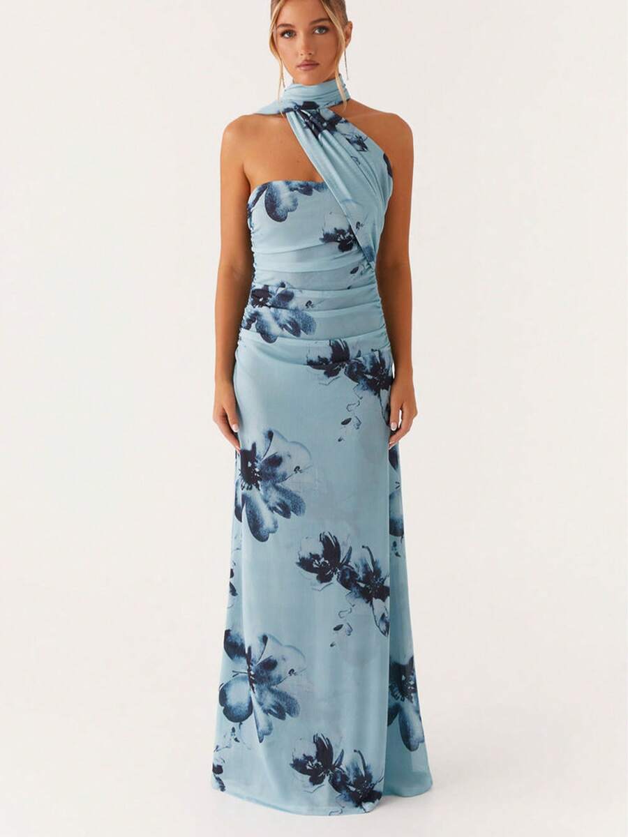 Women's Printed Tube Top Dress Y2k Backless Sleeveless Waistcoat Maxi Dress With Ruffles Waist Sexy Summer Beachwear - Blue - View 1