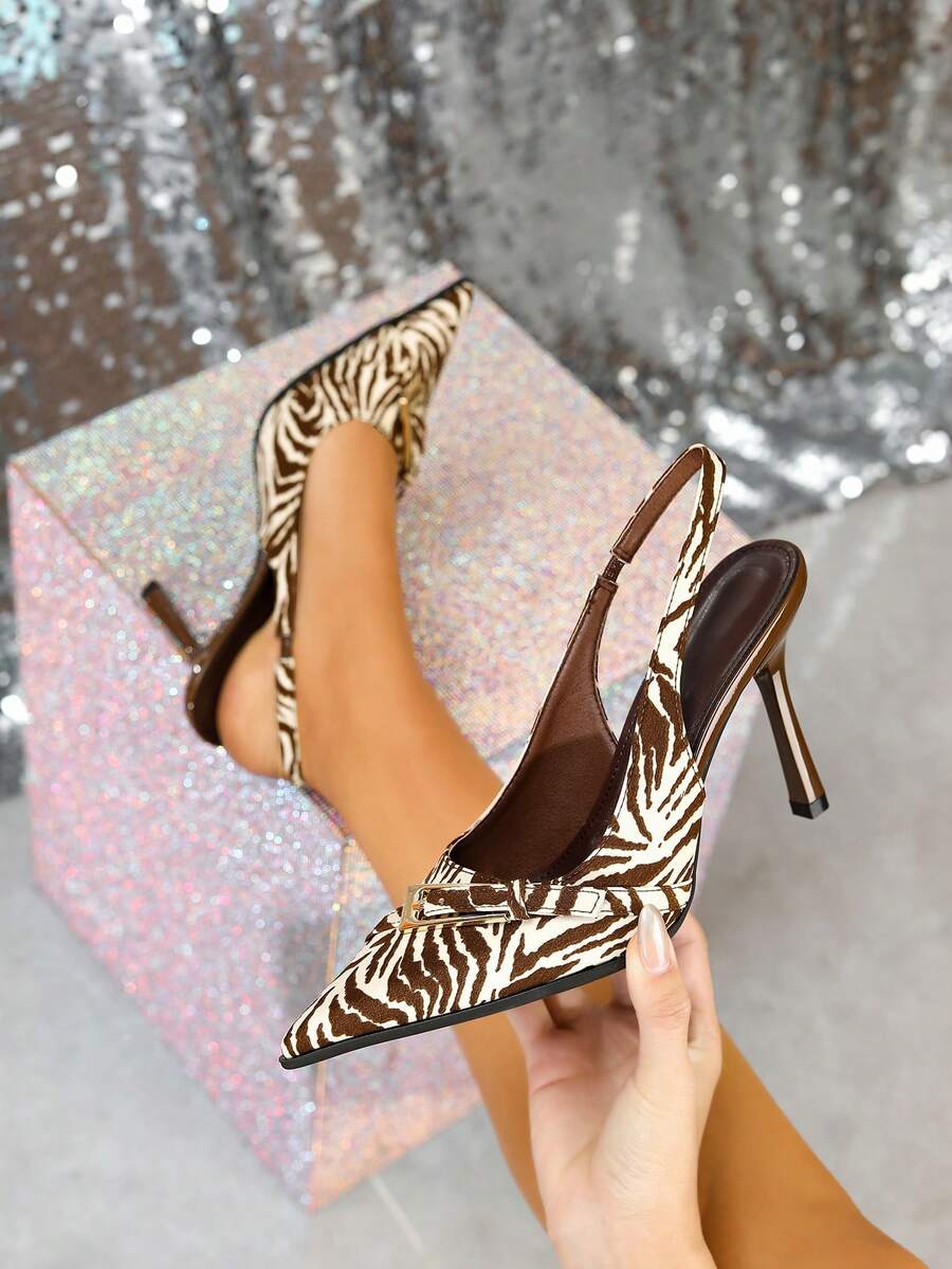 Women's Pointed Toe Fashion Zebra Pattern Metal Buckle Elastic Ankle Strap Block Heel Slingback Pumps - Coffee Brown - View 1