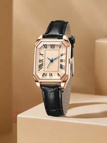 1pc Women's Brown PU Leather Belt Fashionable Casual Retro Small Square Roman Letter Dial Quartz Watch For Daily Wear Or Holiday Gifts - one-size - View 3