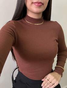 Women's Ribbed Blouse Long Sleeve Turtleneck Basic  Casual Modern Second Skin Brown Autumn And Winter Color