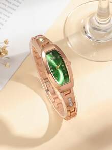 1pc Teenagers Rhinestone Studded Oval Dial Steel Strap Quartz Watch, Suitable As Birthday, Graduation Gift - Green - View 5