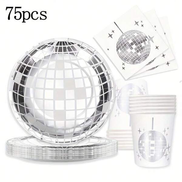 75pcs Silver Disco Party Disposable Tableware Set, Includes 7-Inch Plates, Cups, Napkins With Silver Disco Ball Pattern, Suitable For Disco Parties, Theme Parties, Birthdays, Events, Outdoor Gatherings, And Dining