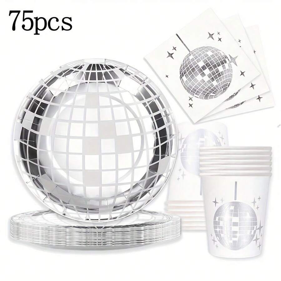 75pcs Silver Disco Party Disposable Tableware Set, Includes 7-Inch Plates, Cups, Napkins With Silver Disco Ball Pattern, Suitable For Disco Parties, Theme Parties, Birthdays, Events, Outdoor Gatherings, And Dining