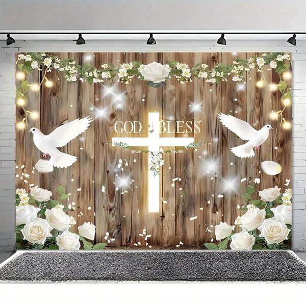 1 Piece, 5X3Feet/7X5 Feet Country Wood "God Bless" First And Baptism Background-Multifunctional Vinyl Photo Props, Suitable For Indoor/Outdoor Decoration, Multiple Sizes Available