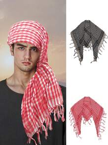 1 pieza Pañuelo de cabeza árabe, pañuelo a cuadros rojo y blanco con adorno de flecos resistente al viento para exteriores, pañuelo versátil de tela bohemia para la cabeza, para todas las estaciones