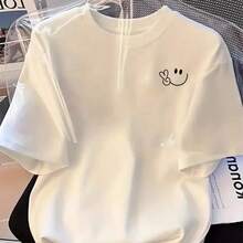 Plus Size Women Y2K Geometric Print Solid Color Crew Neck Short Sleeve Casual Loose T-Shirt, Summer