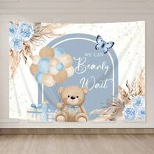 Bear Background Blue Bohemian Flower Rose Pampas Grass Balloon Birthday Party Decoration Banner Photography Background