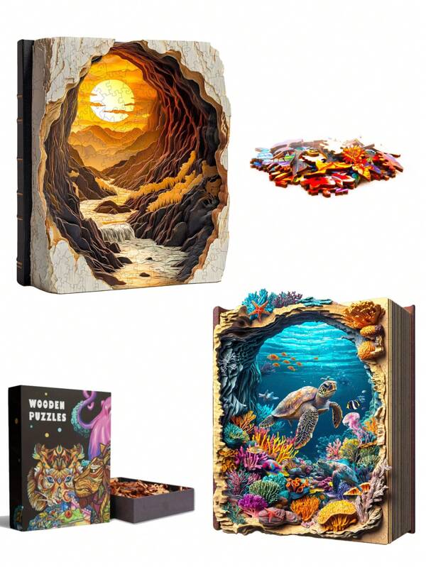 Sunset In The Book / Ocean In The Book Wooden Jigsaw Puzzle, Asymmetrical Shaped Animal Wooden Puzzle Toy, Unique Party Game Gift, Decorative Art Picture, Tabletop Magic Puzzle, Children Educational Toy, Holiday Gift, Suitable For Kids, Easter/Mother's Day Present