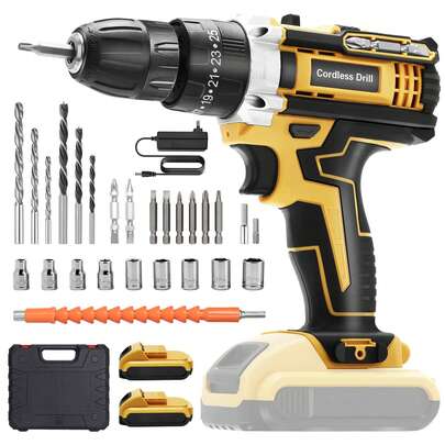 Taladro atornillador a batería de 21 V, destornillador eléctrico con portabrocas de sujeción rápida de 3/8", taladro dinamométrico 25+3 con luz de trabajo, par máximo 45 Nm, 2 velocidades, con 2 baterías