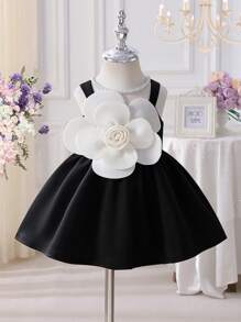0 - 3 Years Baby Girls' Elegant Sleeveless Dress, Black Skirt With Oversized White Flower Accent
