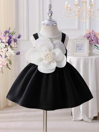 0 - 3 Years Baby Girls' Elegant Sleeveless Dress, Black Skirt With Oversized White Flower Accent