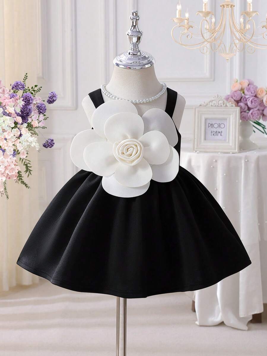 0 - 3 Years Baby Girls' Elegant Sleeveless Dress, Black Skirt With Oversized White Flower Accent
