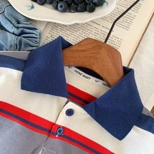 幼儿男童短袖 Polo 衫，新款夏季条纹休闲凸纹领上衣，时尚柔软 T 恤