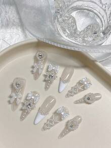 10pcsPure Handmade Sparkling French Fine Sparkling Faux Pearl Lines Exude A White Temperament, High-End Wearable Nail Art Press On Nails Nail Supplies - Multicolor - View 2