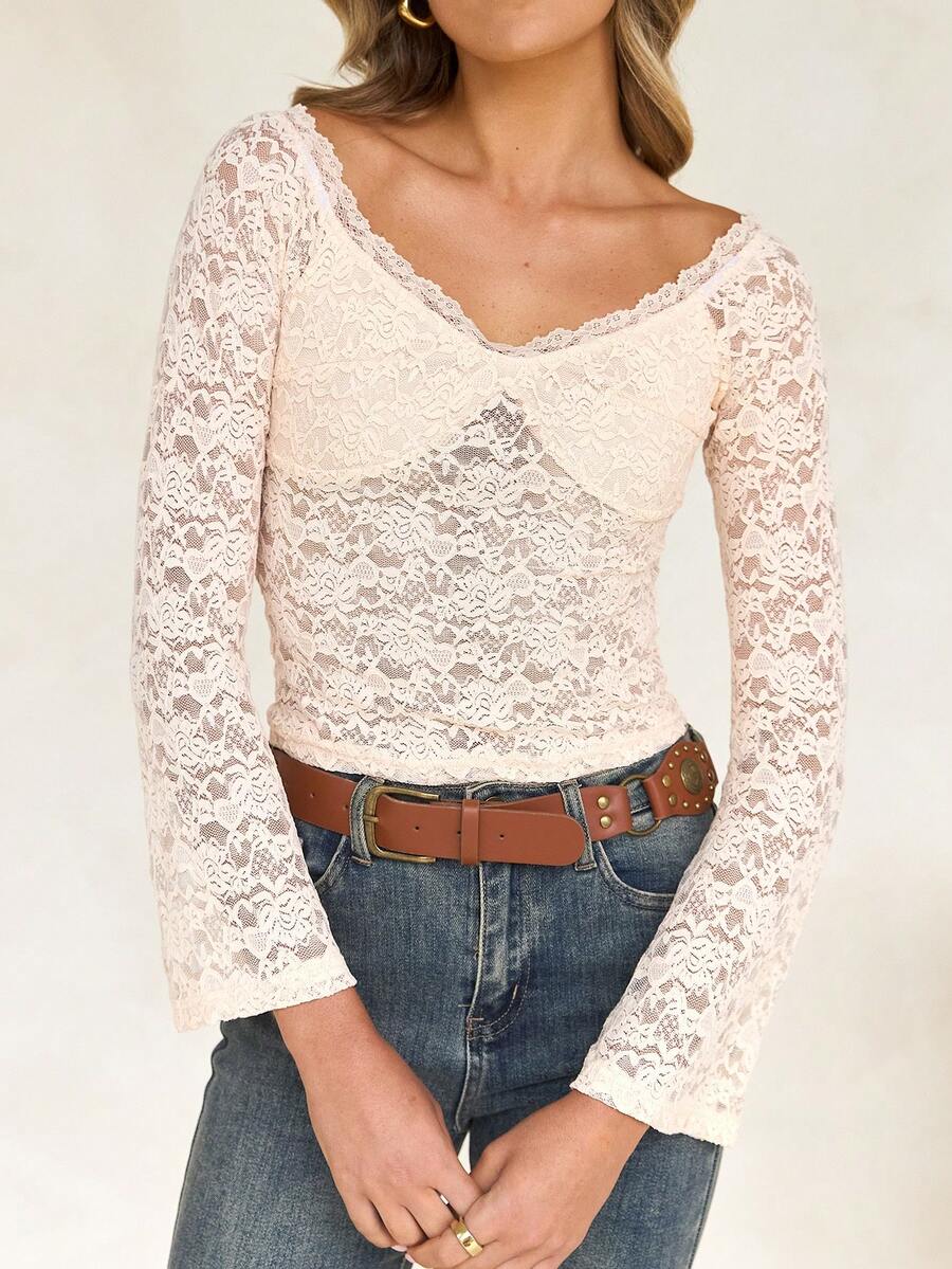 GAOVOT Women's Autumn Y2K Sexy Fitted One Shoulder Long Sleeve Lace Blouse - 杏色 - 查看 1