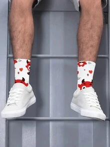 1 Pair Of Fun Personalized Cartoon Socks Women, Sports Socks, Comfortable And Breathable, Cute Calf And Red Heart, 3D Printing Crazy Pattern Fashion White Socks For Women, Perfect Gift For Easter, Mother's Day, Father's Day, Birthday Parties, And Holiday Parties - Multicolor - View 5