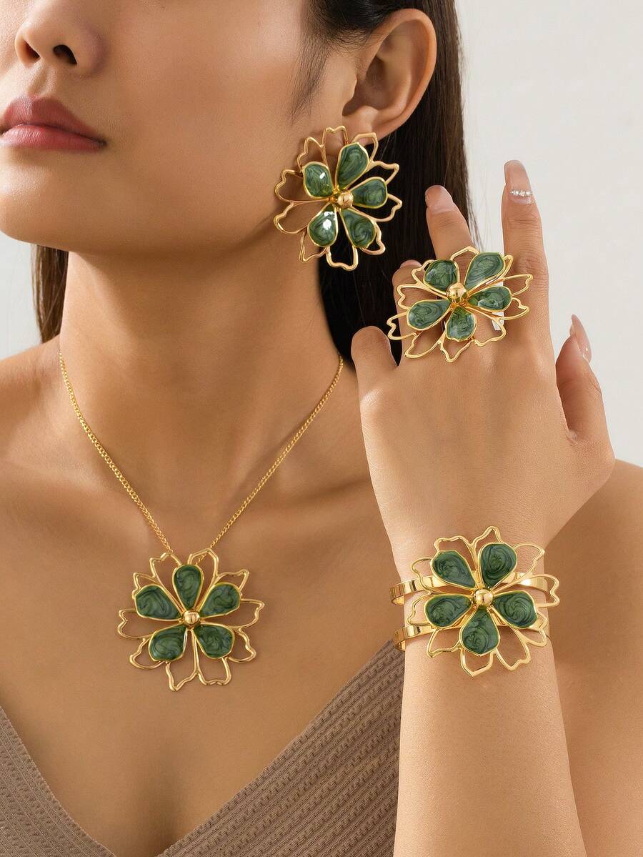 1 Set de elegante y versátil joyería geométrica hueca de flores, incluye pulsera, anillos, collar y aretes, adecuado para uso diario y ocasiones formales