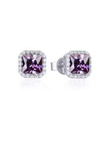 1 Pair 925 Sterling Silver Purple Amethyst Cubic Zirconia Square Stud Earrings For Women, Fine Jewelry Wedding Bridal Party Accessories, Holiday Gift