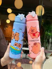 1 pieza Botella de agua con diseño de capibara de dibujos animados y pajita para niños pequeños y niños, botella de agua deportiva portátil a prueba de fugas y derrames de 800ml, adecuada para exteriores, viajes y escuela - Multicolor - Ver 1