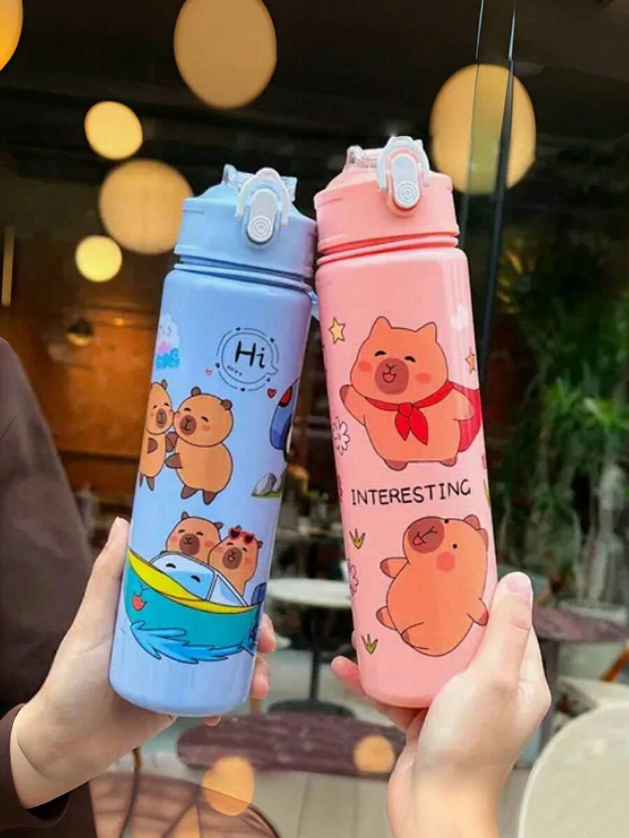 1 pieza Botella de agua con diseño de capibara de dibujos animados y pajita para niños pequeños y niños, botella de agua deportiva portátil a prueba de fugas y derrames de 800ml, adecuada para exteriores, viajes y escuela - Multicolor - Ver 1