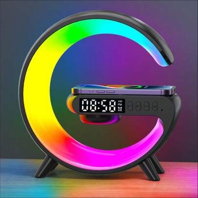 Bocina Escritorio Altavoz Bluetooth Con Lampara Led Inteligente Ritmica 10 Modos Ajustables Color De Luz Cargador Inalambrico Reloj Alarma Despertador Para Recamara Oficina Decoracion Hogar W9200-NEGRO