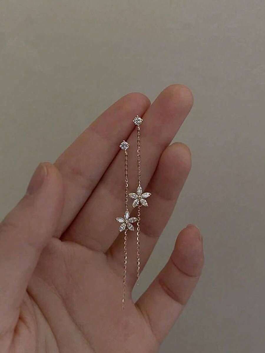 1 Pair Fashion S925 Sterling Silver Long Tassel Flower Earrings, Elegant Jewelry Gift For Women, Girlfriends, Friends, Holidays - Tassel Flowers - View 1