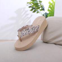Women Elegant Beige Sandals With Woven Strap - Non-Slip EVA Sole, Mid Heel Thick Bottom, Fashion Outdoor Slippers, Casual Woven Sandals, Elegant Footwear For Summer