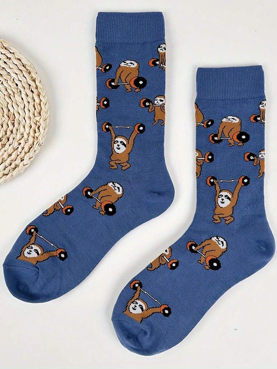 1 Pair Sloth Graphic Men's Mid-Calf Socks, Autumn - Multicolor - View 1