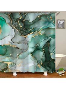 1/4 Pcs Blue & Green Marble Pattern Bathroom Set, Waterproof Shower Curtain With 12 Hooks, U-Shaped Rug, Toilet Lid Cover, L-Shaped Mat, Beautiful Bathroom Decor Accessories Fall Decor Bathroom Accessories Back To School