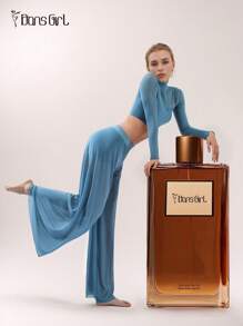 DonsGirl Damski krótki top z golfem i ultramiękkie, elastyczne, siateczkowe spodnie z szerokimi nogawkami – uniwersalny, elegancki, niebieski strój do jogi powietrznej, współczesny/klasyczny kostium do tańca baletowego