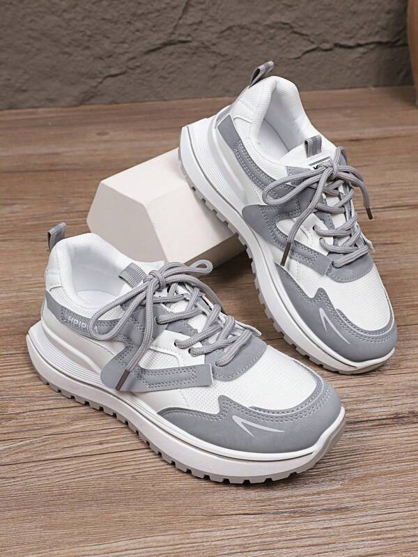 Women's Breathable Mesh Chunky Sneakers, Spring/Summer 2025 New Arrival Grey Athletic Sports Casual Lace-Up Outdoor Shoes For Ladies